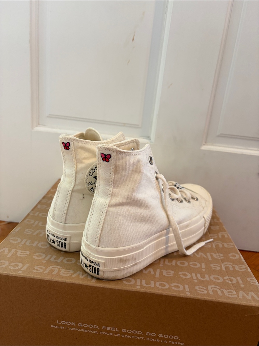 Converse High-Top Canvas Sneakers in Cream with Pink Butterfly Detail